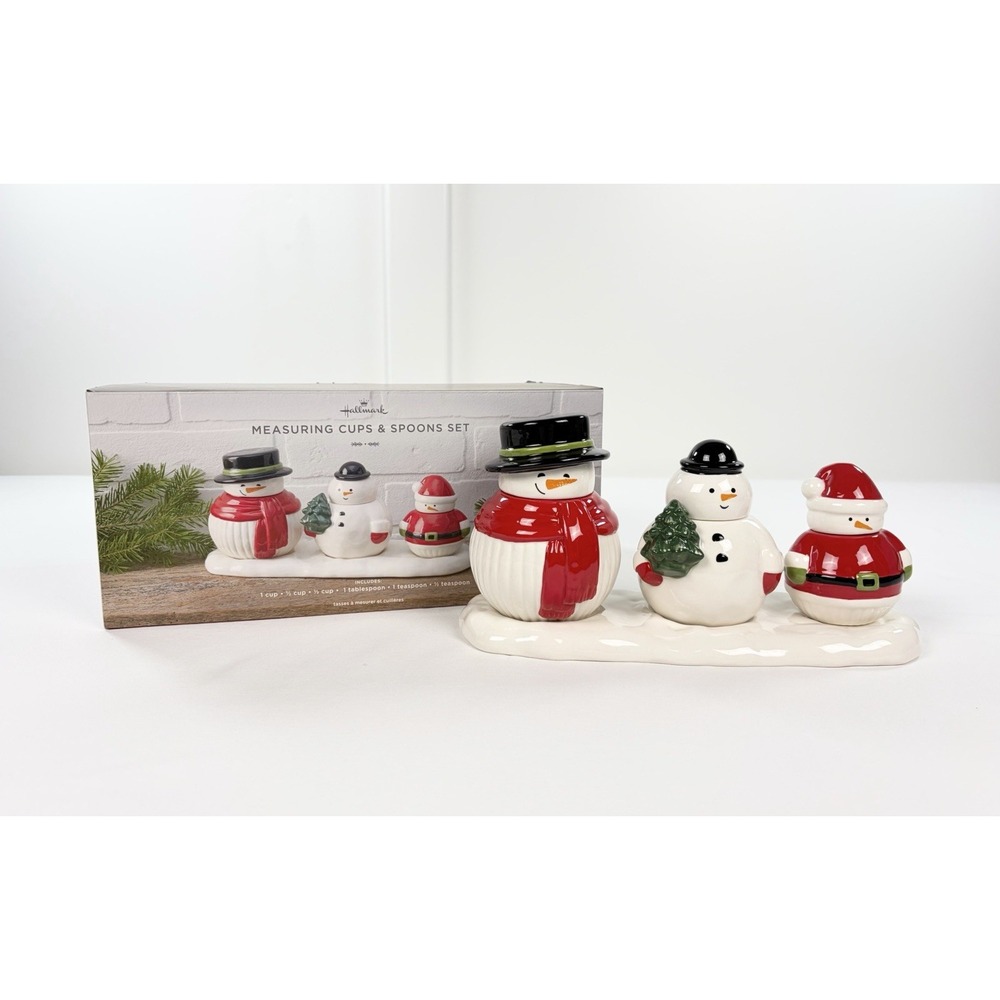Hallmark Snowman Ceramic Measuring Cups & Spoons Set Christmas Holiday Decor New